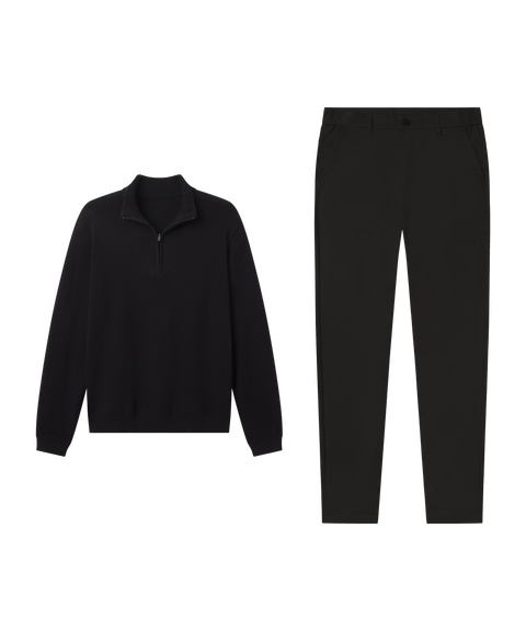Outfit flat lay: black Jetsetter Quarter-Zip Sweater paired with Jetsetter Tech Pant, relaxed fit, in True Black