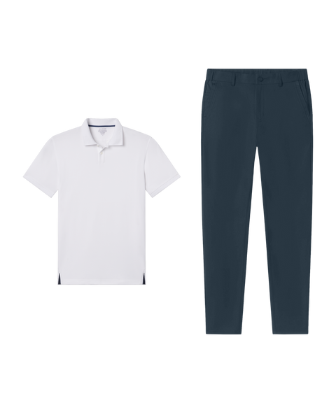 Outfit flat lay: white Clubhouse Pique Polo paired with Jetsetter Tech Pant, slim fit, in Deep Teal