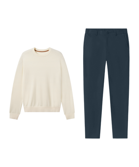Outfit flat lay: cream Anytime Crewneck Sweater paired with Jetsetter Tech Pant, slim fit, in Deep Teal