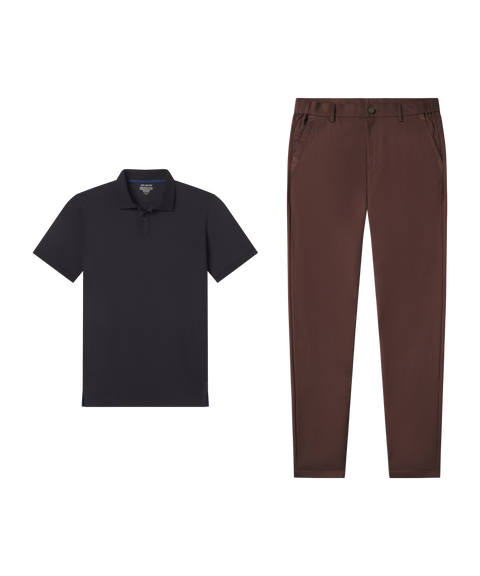 Outfit flat lay: black polo paired with Jetsetter Tech Pant, slim fit, in Bourbon Brown