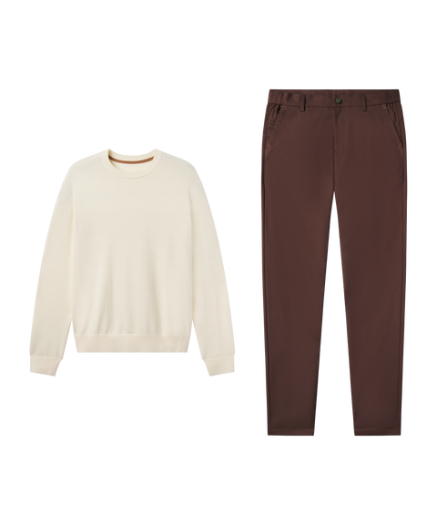 Outfit flat lay: cream Anytime Crewneck Sweater paired with Jetsetter Tech Pant, slim fit, in Bourbon Brown