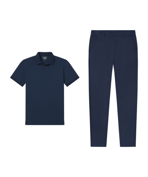 Outfit flat lay: navy Clubhouse Pique Polo paired with Jetsetter Tech Pant, slim fit, in Deep Blue