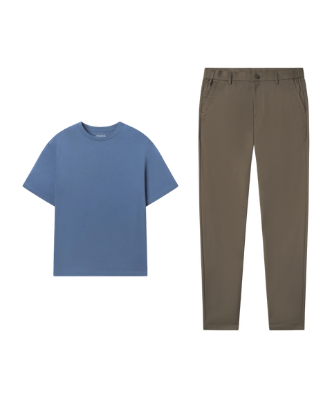 Outfit flat lay: light blue tee paired with Jetsetter Tech Pant, slim fit, in Olive Green