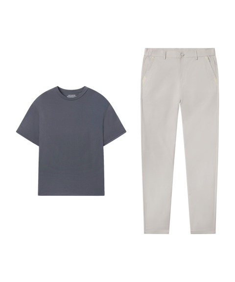 Outfit flat lay: Charcoal Gray tee paired with Jetsetter Tech Pant, slim fit, in Sand Stone