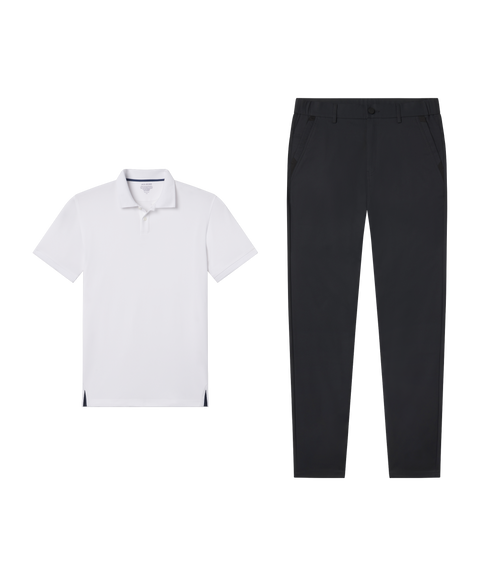 Outfit flat lay: white Clubhouse Pique Polo paired with Jetsetter Tech Pant, slim fit, in Space Black