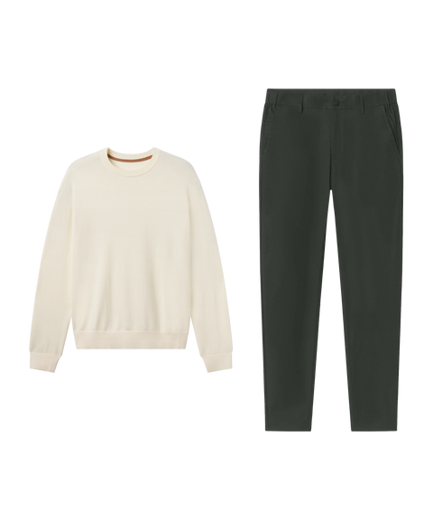 Outfit flat lay: cream Anytime Crewneck Sweater paired with Jetsetter Tech Pant, slim fit, in Spruce Green