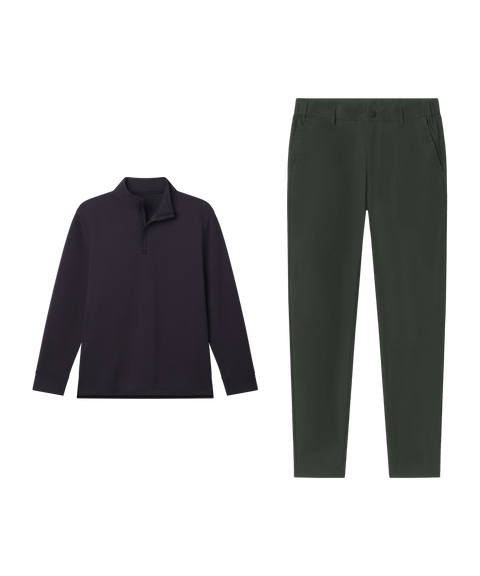 Outfit flat lay: black Jetsetter Quarter-Zip Sweater paired with Jetsetter Tech Pant, slim fit, in Spruce Green