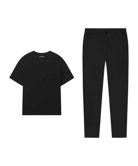 Outfit flat lay: black tee paired with Jetsetter Tech Pant, slim fit, in True Black