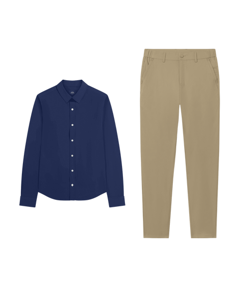 Business casual outfit flat lay: navy Everywear Shirt with Jetsetter Tech Pant, slim fit, in True Khaki