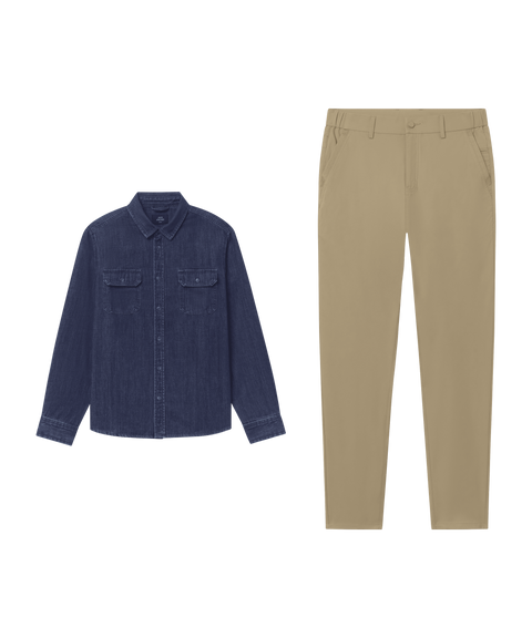 Outfit flat lay: Chambray Shirt in Dark Wash with Jetsetter Tech Pant, straight fit, in True Khaki for business casual