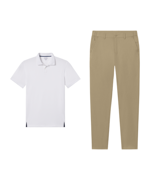 Outfit flat lay: Clubhouse Pique Polo in True White with Jetsetter Tech Pant, straight fit, in True Khaki