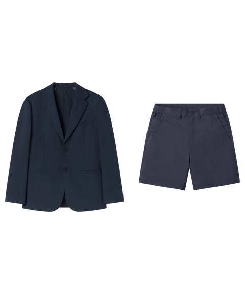 Navy unstructured blazer paired with matching navy shorts, shown flat.