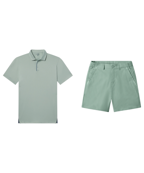 Sage green patterned polo paired with matching sage green chino shorts, shown flat.