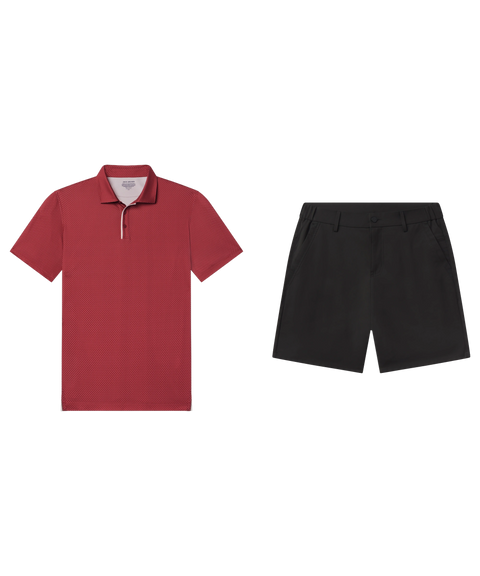 Red patterned short-sleeve polo paired with black shorts, shown flat.
