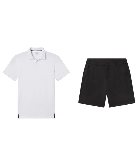 White pique polo paired with black flat-front shorts, shown flat.