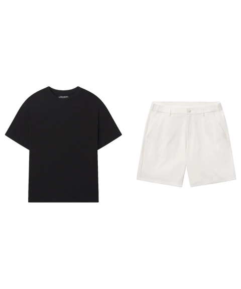 Black crewneck tee paired with white shorts, shown flat.