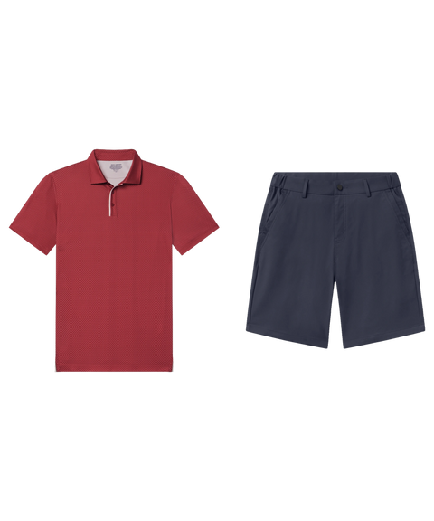Red micro-dot performance polo paired with navy tech shorts, shown flat.