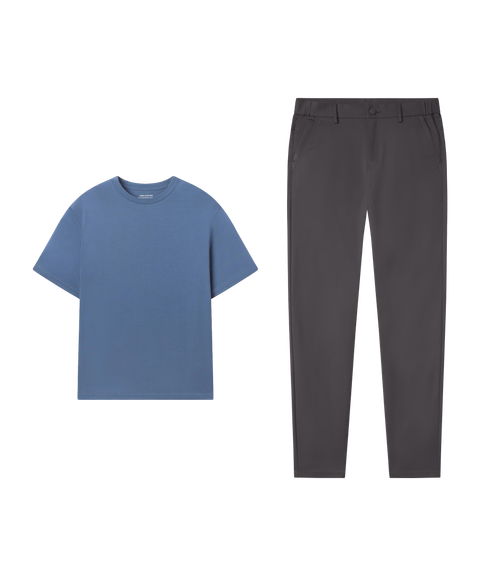Outfit flat lay: Jetsetter Tee in Bering Sea with charcoal Jetsetter Tech Pants for travel
