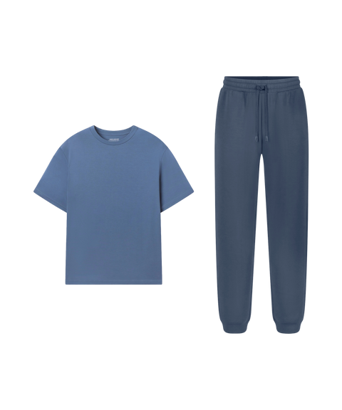 Outfit flat lay: Jetsetter Tee in Bering Sea with Tidal Blue Sandwash Joggers for lounging
