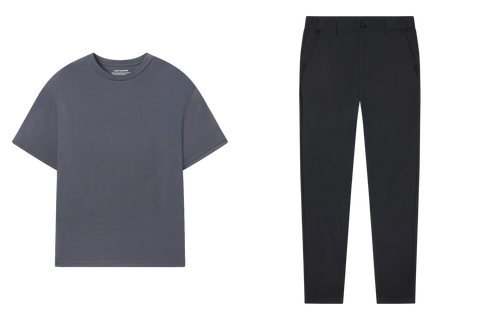 Outfit flat lay: Jetsetter Tee in Charcoal Gray with black slim pants