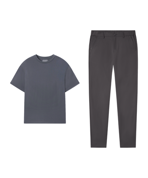 Outfit flat lay: Jetsetter Tee in Charcoal Gray with charcoal Jetsetter Tech Pants for travel
