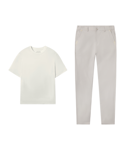 Outfit flat lay: Jetsetter Tee in Ecru with light sand Jetsetter Tech Pants for travel