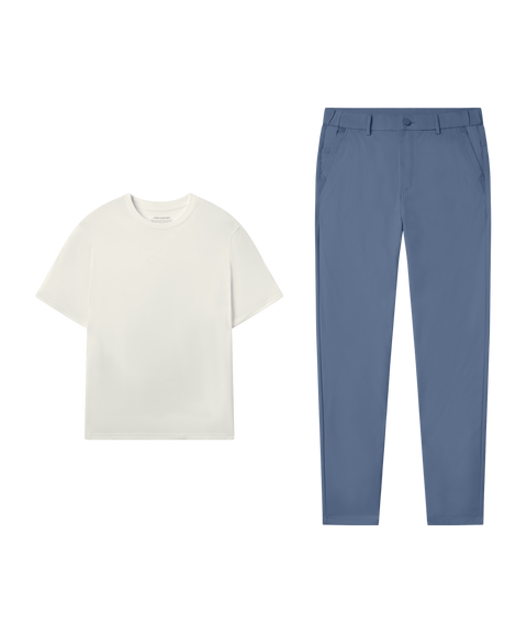 Outfit flat lay: Jetsetter Tee in Ecru with Bering Sea Jetsetter Tech Pants for the weekend