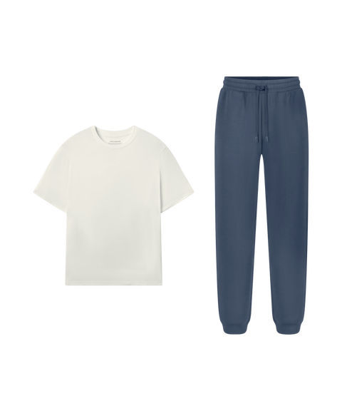 Outfit flat lay: Jetsetter Tee in Ecru with Tidal Blue Sandwash Joggers for lounging
