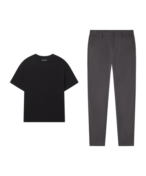 Outfit flat lay: Jetsetter Tee in True Black with charcoal Jetsetter Tech Pants for travel