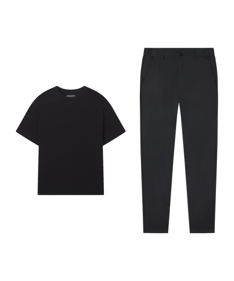 Outfit flat lay: Jetsetter Tee in True Black with charcoal Jetsetter Tech Pants for travel