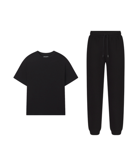 Outfit flat lay: Jetsetter Tee in True Black with black Sandwash Joggers for lounging