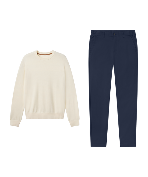 Cream crewneck sweater with Jetsetter Tech Pant, relaxed fit, in Deep Blue, travel outfit flat lay