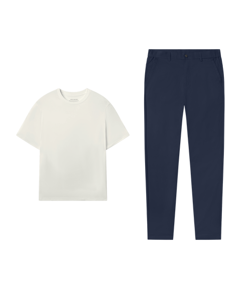 Ecru tee with Jetsetter Tech Pant, relaxed fit, in Deep Blue, weekend outfit flat lay