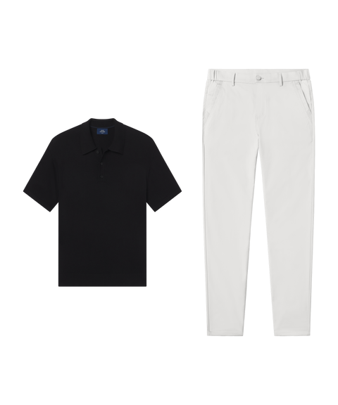 Outfit flat lay: black Clubhouse Pique Polo with Jetsetter Tech Pant, slim fit, in True White