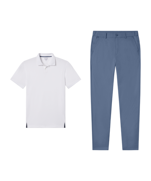Outfit flat lay: white Clubhouse Pique Polo with Jetsetter Tech Pant, straight fit, in Bering Sea