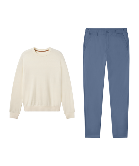 Cream crewneck sweater with Jetsetter Tech Pant, straight fit, in Bering Sea, travel outfit flat lay
