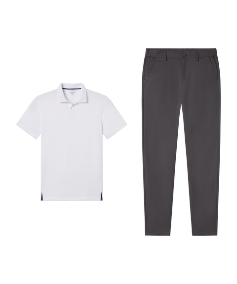 Outfit flat lay: white Clubhouse Pique Polo with Jetsetter Tech Pant, straight fit, in Charcoal Gray