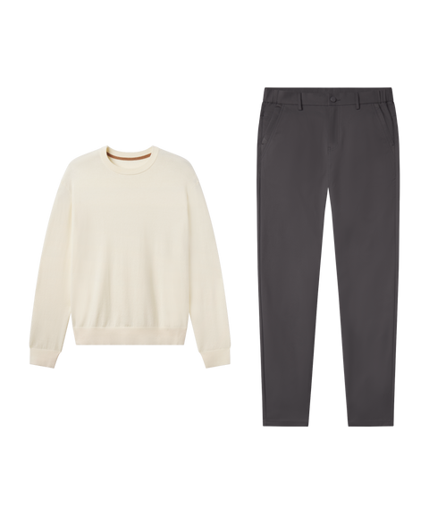 Cream crewneck sweater with Jetsetter Tech Pant, straight fit, in Charcoal Gray, travel outfit flat lay