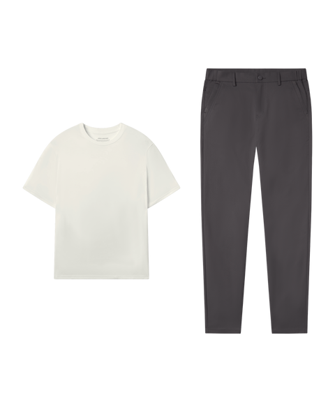 Ecru tee with Jetsetter Tech Pant, straight fit, in Charcoal Gray, weekend outfit flat lay