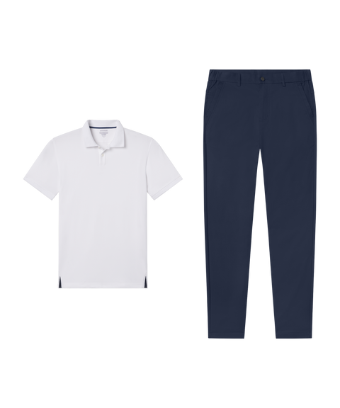 Outfit flat lay: white Clubhouse Pique Polo with Jetsetter Tech Pant, straight fit, in Deep Blue