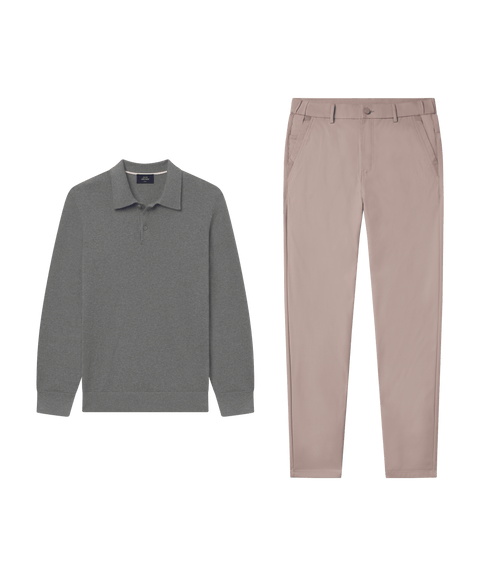 Heathered gray knit polo paired with taupe trousers.