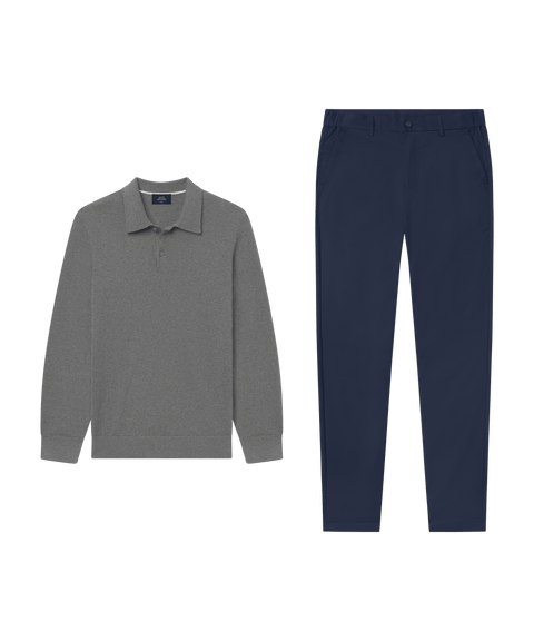 Heathered gray knit polo paired with navy trousers.