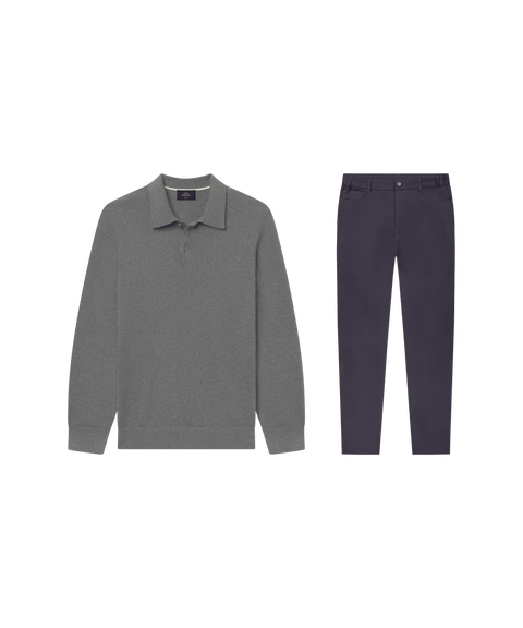 Heathered gray knit polo paired with dark navy five-pocket pants.