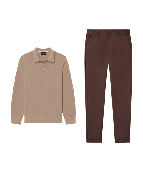 Heathered tan knit polo paired with dark brown trousers.