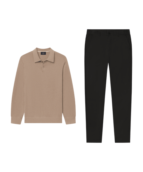 Heathered tan knit polo paired with black trousers.