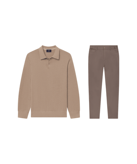Heathered tan knit polo paired with taupe five-pocket pants.