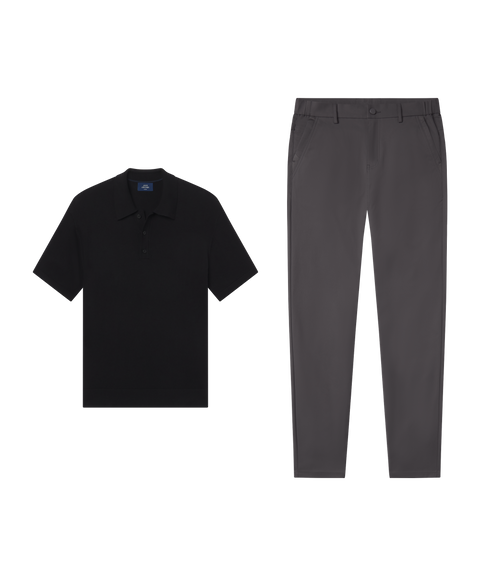 Outfit flat lay: Legacy Resort Sweater Polo in True Black with charcoal Jetsetter Tech Pants for date night
