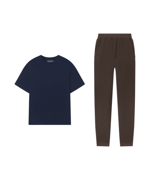 Reset Terry Sweatpant Espresso with Jetsetter Tee Deep Blue - Travel look