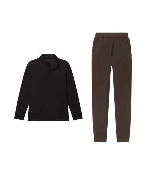 Reset Terry Sweatpant Espresso with Sandwash Quarter-Zip True Black - Weekend look