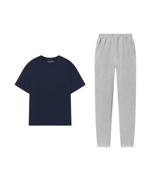 Reset Terry Sweatpant Heather Gray with Jetsetter Tee Deep Blue - Travel look